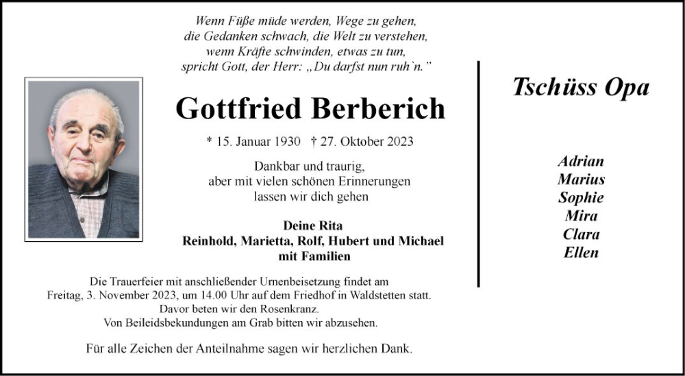  Traueranzeige für Gottfried Berberich vom 02.11.2023 aus Fränkische Nachrichten