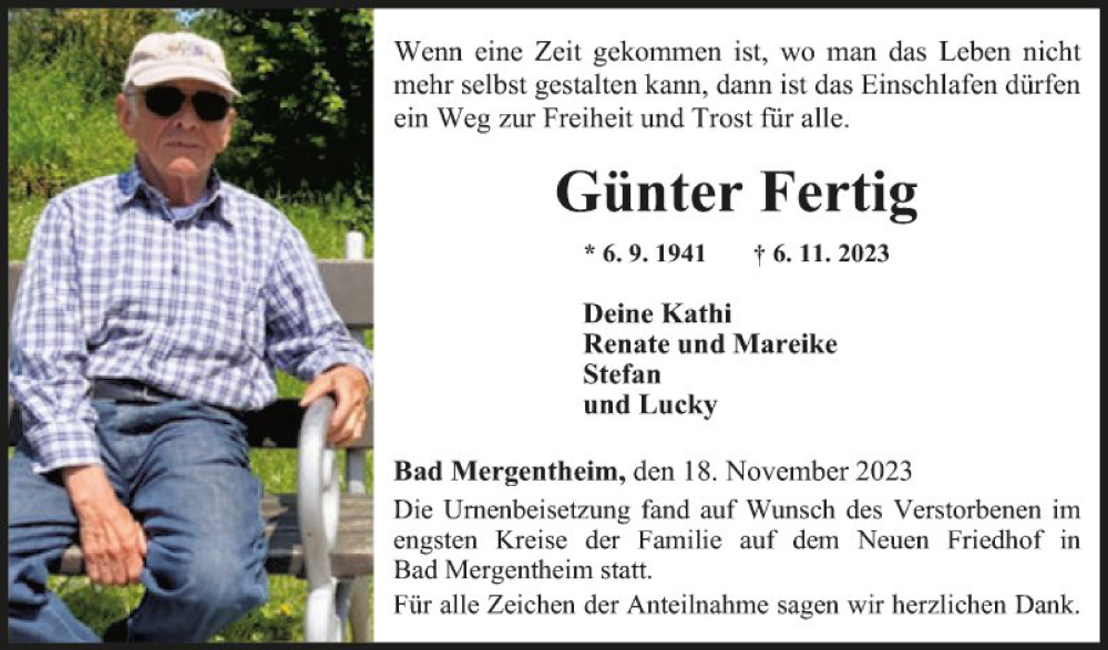  Traueranzeige für Günter Fertig vom 18.11.2023 aus Fränkische Nachrichten