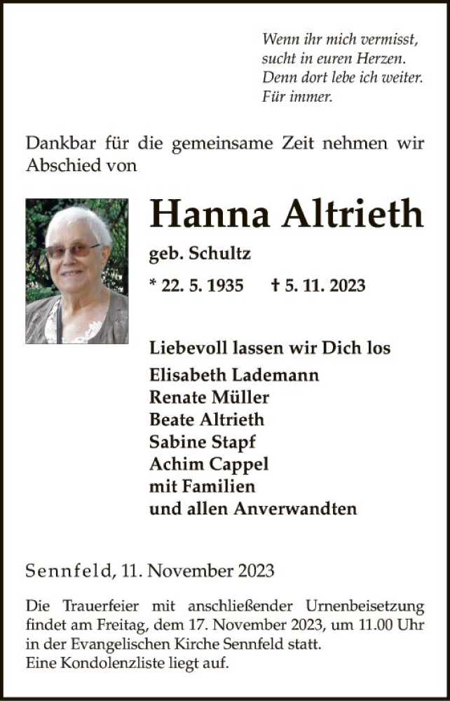  Traueranzeige für Hanna Altrieth vom 11.11.2023 aus Fränkische Nachrichten