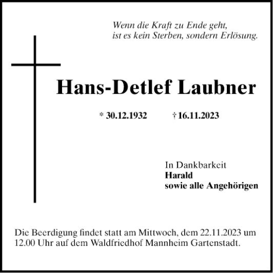 Traueranzeige von Hans-Detlef Laubner von Mannheimer Morgen