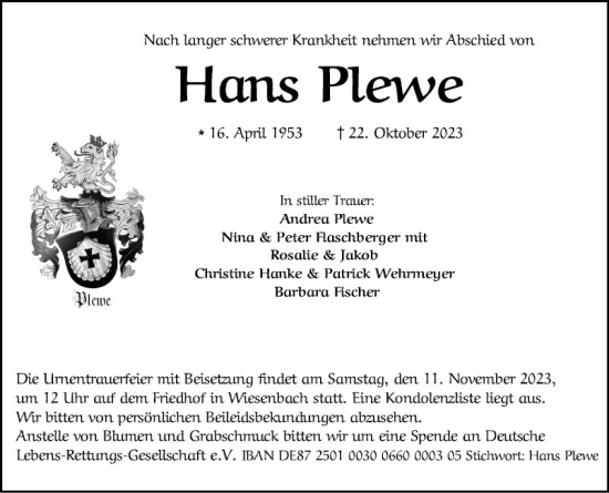 Traueranzeige von Hans Plewe von Mannheimer Morgen