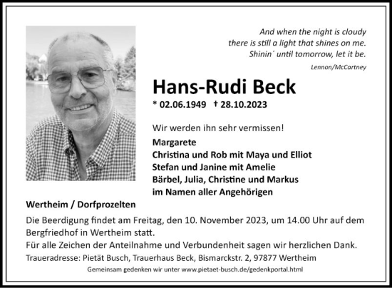 Traueranzeige von Hans-Rudi Beck von Fränkische Nachrichten