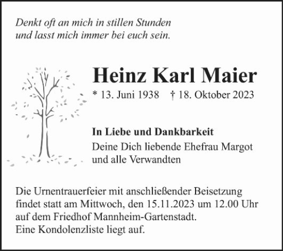 Traueranzeige von Heinz Karl Maier von Mannheimer Morgen