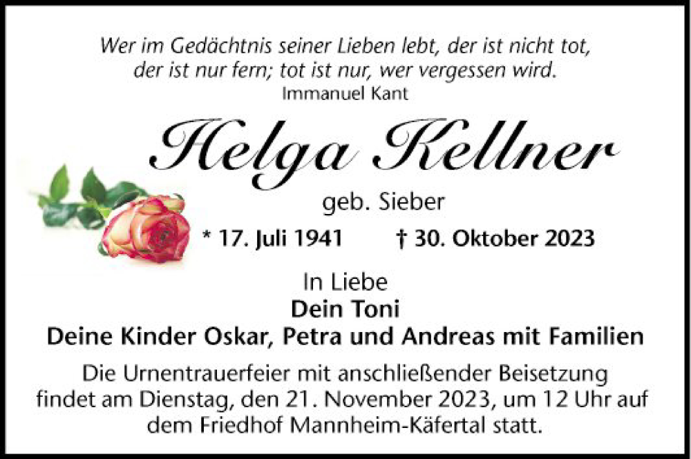  Traueranzeige für Helga Kellner vom 11.11.2023 aus Mannheimer Morgen