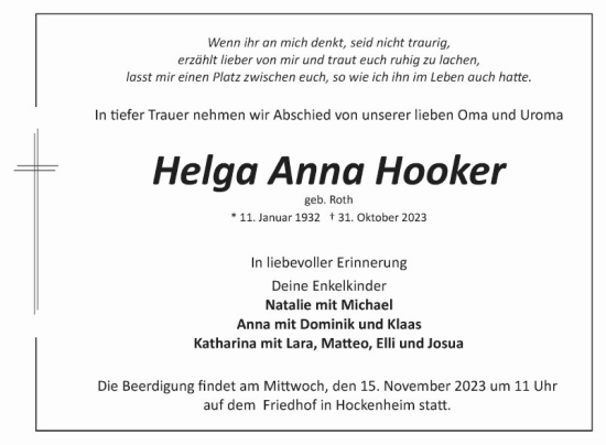 Traueranzeige von Helga Anna Hooker von Schwetzinger Zeitung