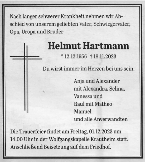 Traueranzeige von Helmut Hartmann von Fränkische Nachrichten
