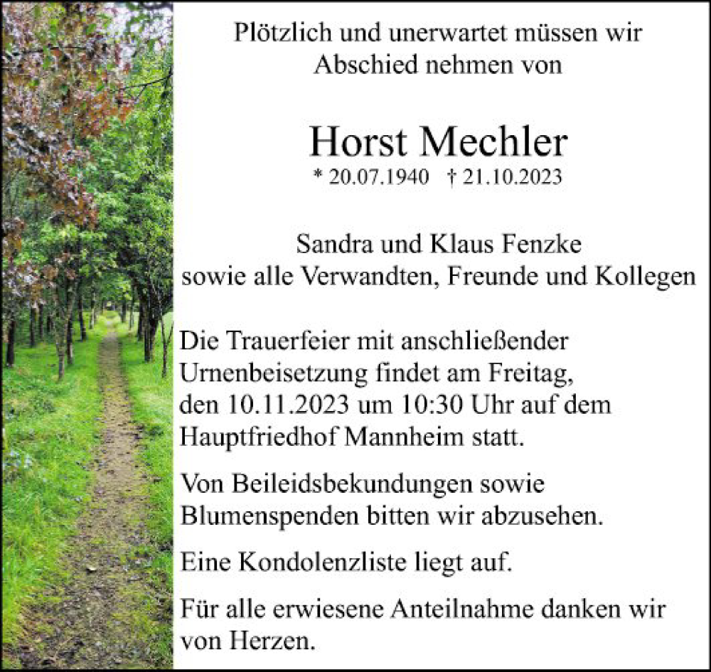  Traueranzeige für Horst Mechler vom 04.11.2023 aus Mannheimer Morgen