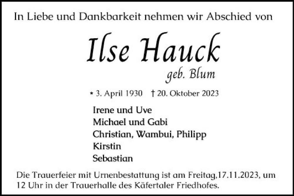  Traueranzeige für Ilse Hauck vom 13.11.2023 aus Mannheimer Morgen