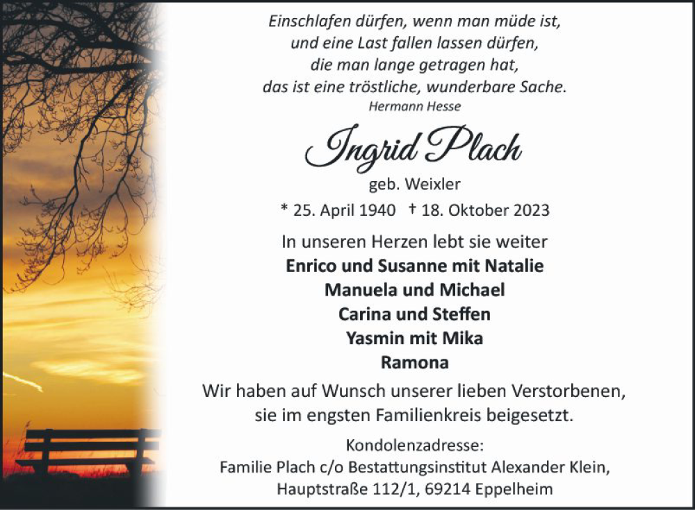  Traueranzeige für Ingrid Plach vom 11.11.2023 aus Schwetzinger Zeitung