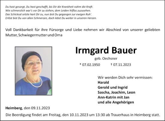 Traueranzeige von Irmgard Bauer von Fränkische Nachrichten