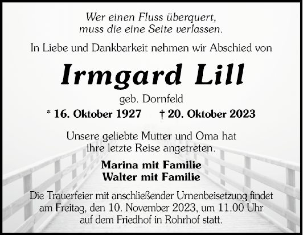  Traueranzeige für Irmgard Lill vom 04.11.2023 aus Schwetzinger Zeitung