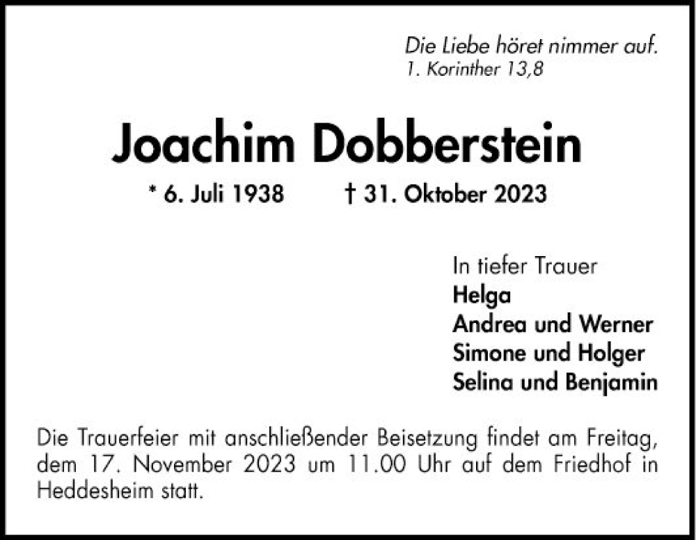  Traueranzeige für Joachim Dobberstein vom 11.11.2023 aus Mannheimer Morgen