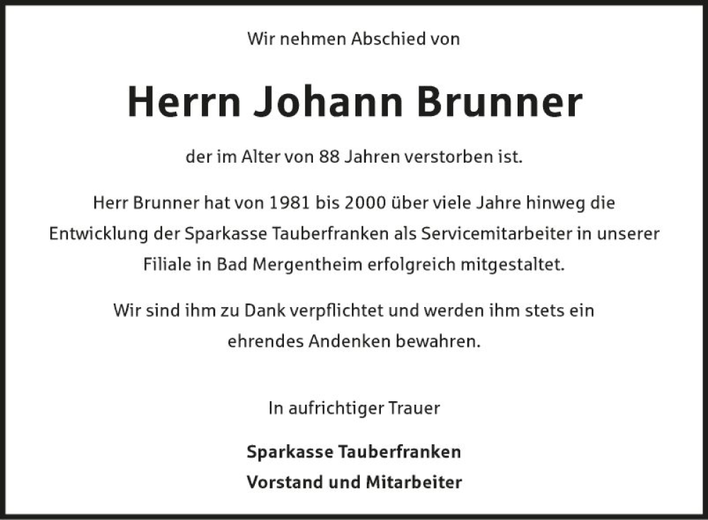  Traueranzeige für Johann Brunner vom 21.11.2023 aus Fränkische Nachrichten