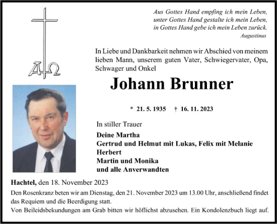 Traueranzeige von Johann Brunner von Fränkische Nachrichten