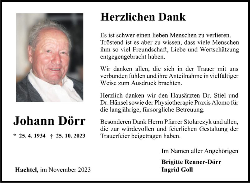  Traueranzeige für Johann Dörr vom 17.11.2023 aus Fränkische Nachrichten