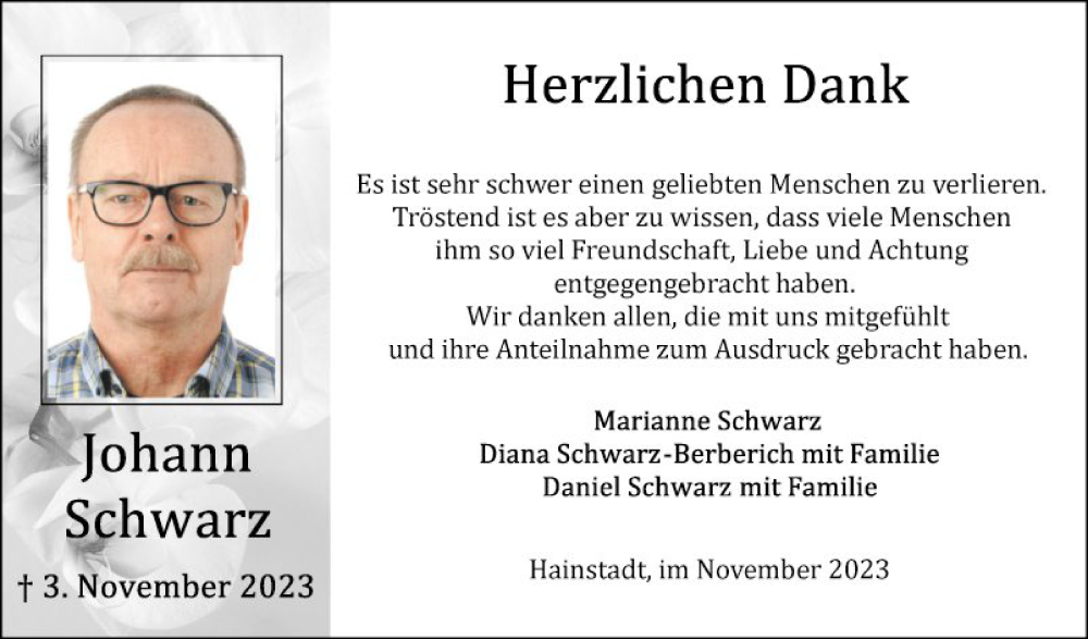  Traueranzeige für Johann Schwarz vom 25.11.2023 aus Fränkische Nachrichten