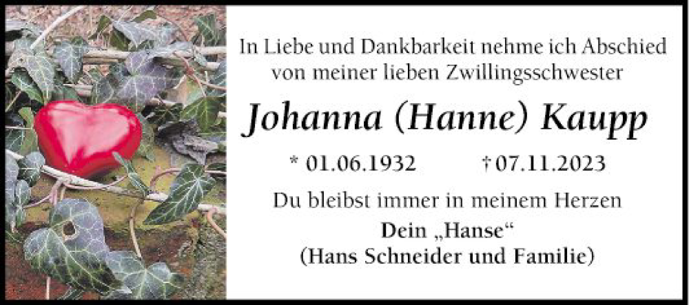  Traueranzeige für Johanna Hanne Kaupp vom 24.11.2023 aus Mannheimer Morgen