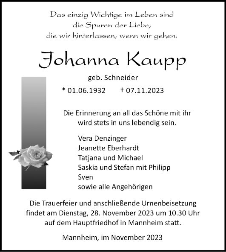  Traueranzeige für Jokanna Kaupp vom 24.11.2023 aus Mannheimer Morgen