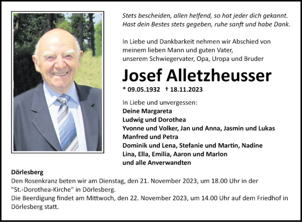  Traueranzeige für Josef Alletzheusser vom 21.11.2023 aus Fränkische Nachrichten