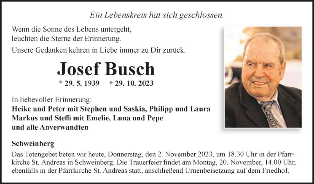  Traueranzeige für Josef Busch vom 02.11.2023 aus Fränkische Nachrichten