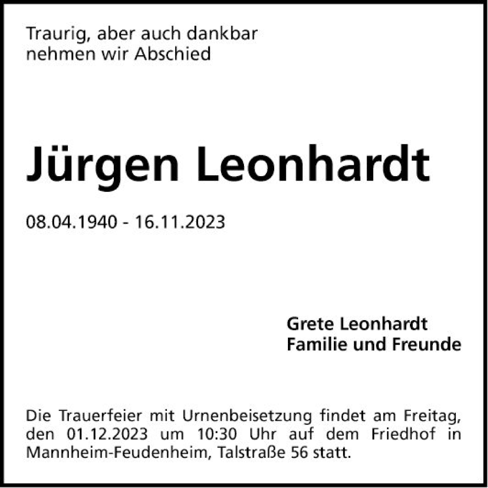 Traueranzeige für Jürgen Leonhardt vom 25.11.2023 aus Mannheimer Morgen