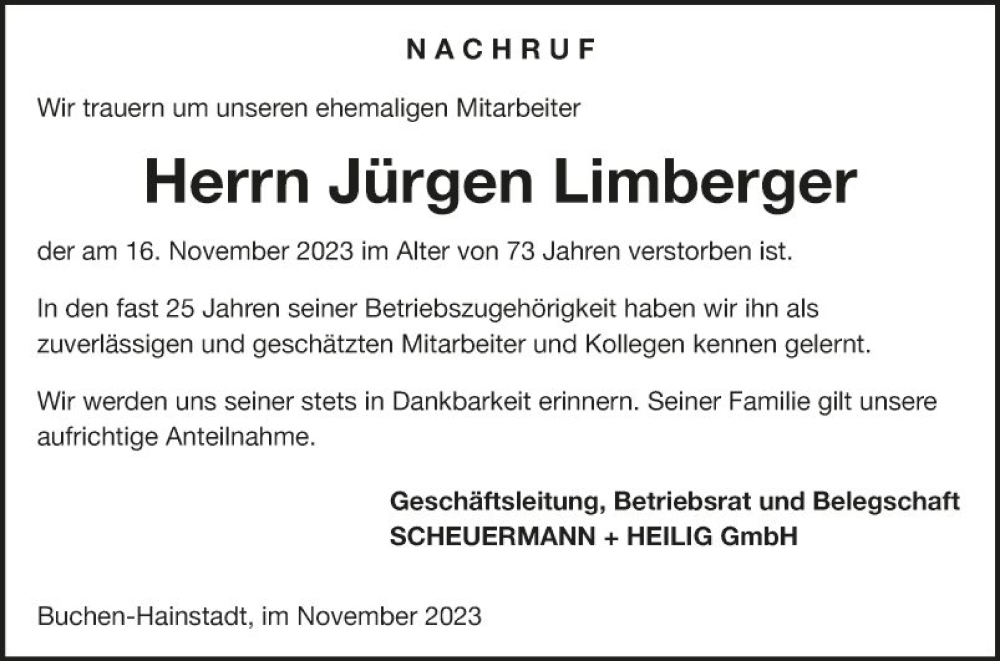  Traueranzeige für Jürgen Limberger vom 22.11.2023 aus Fränkische Nachrichten