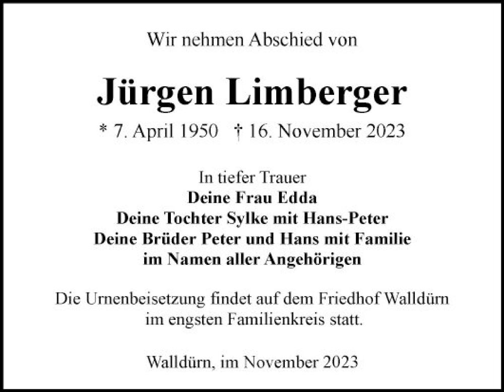  Traueranzeige für Jürgen Limberger vom 21.11.2023 aus Fränkische Nachrichten