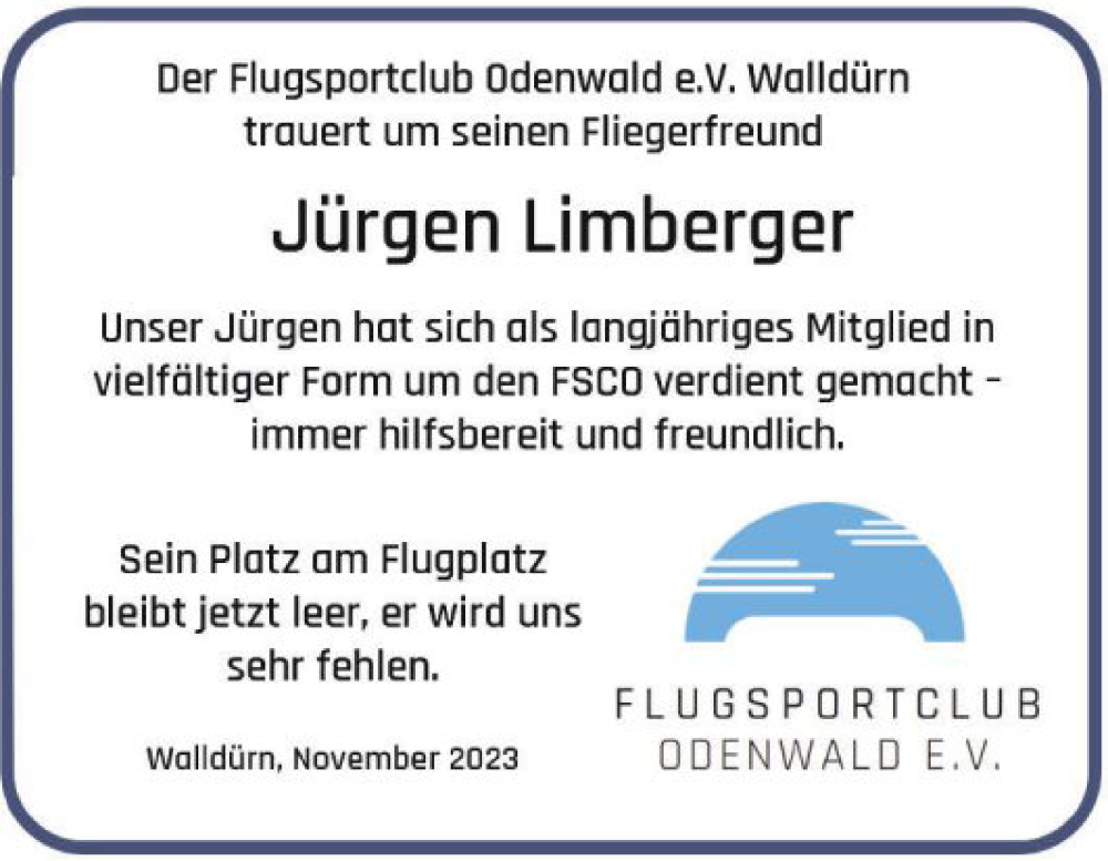  Traueranzeige für Jürgen Limberger vom 23.11.2023 aus Fränkische Nachrichten