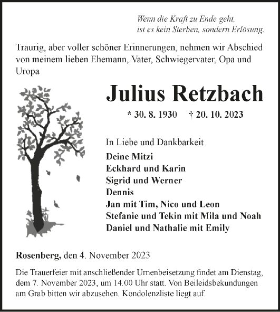  Traueranzeige für Julius Retzbach vom 04.11.2023 aus Fränkische Nachrichten