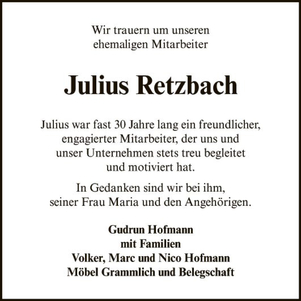  Traueranzeige für Julius Retzbach vom 04.11.2023 aus Fränkische Nachrichten