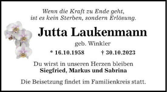 Traueranzeige von Jutta Laukenmann von Mannheimer Morgen