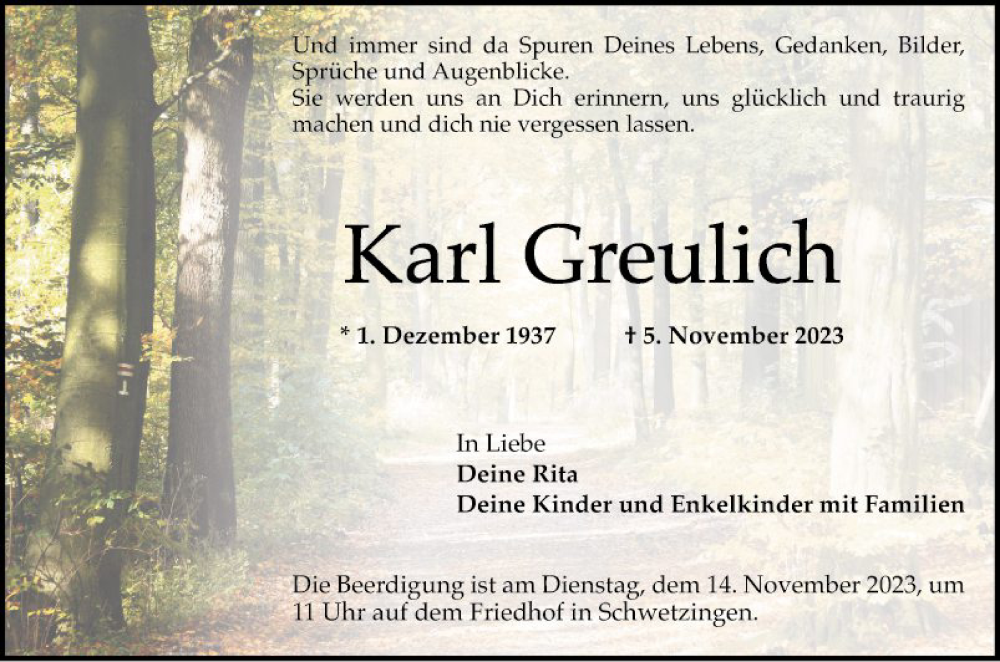  Traueranzeige für Karl Greulich vom 11.11.2023 aus Schwetzinger Zeitung