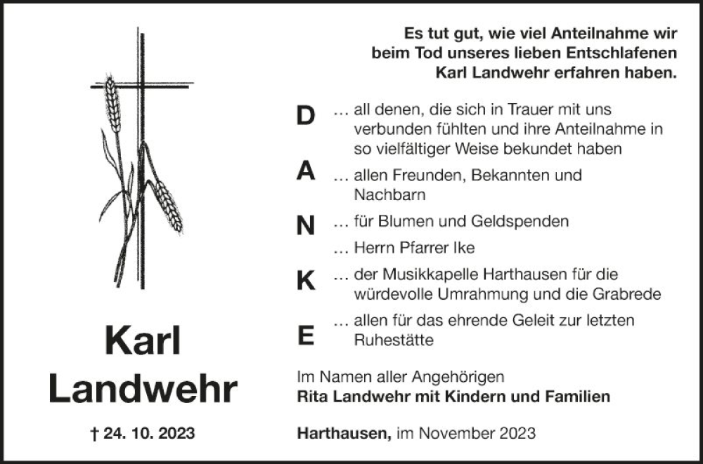  Traueranzeige für Karl Landwehr vom 17.11.2023 aus Fränkische Nachrichten