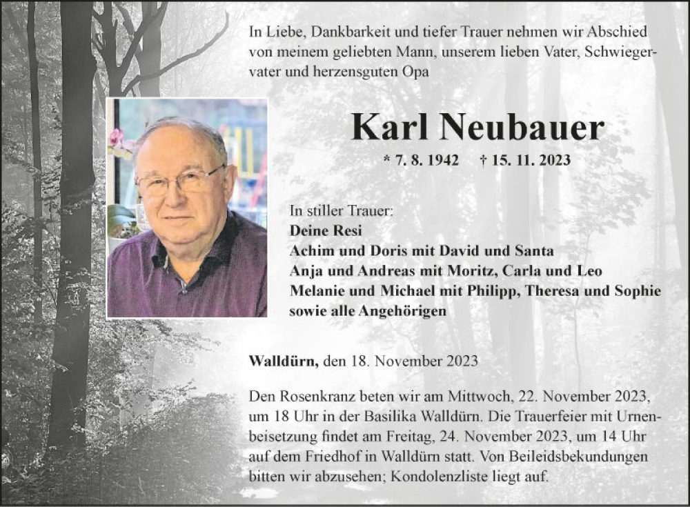  Traueranzeige für Karl Neubauer vom 18.11.2023 aus Fränkische Nachrichten