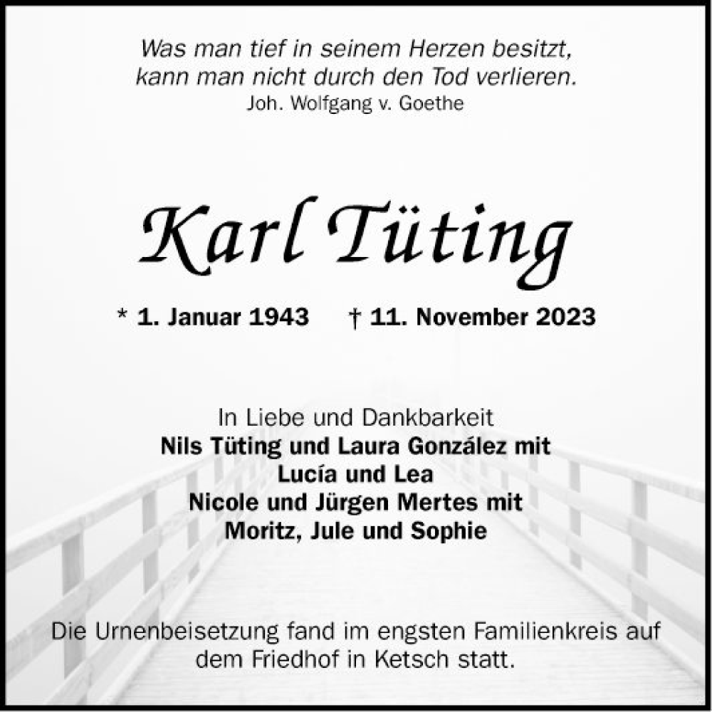  Traueranzeige für Karl Tüting vom 22.11.2023 aus Schwetzinger Zeitung