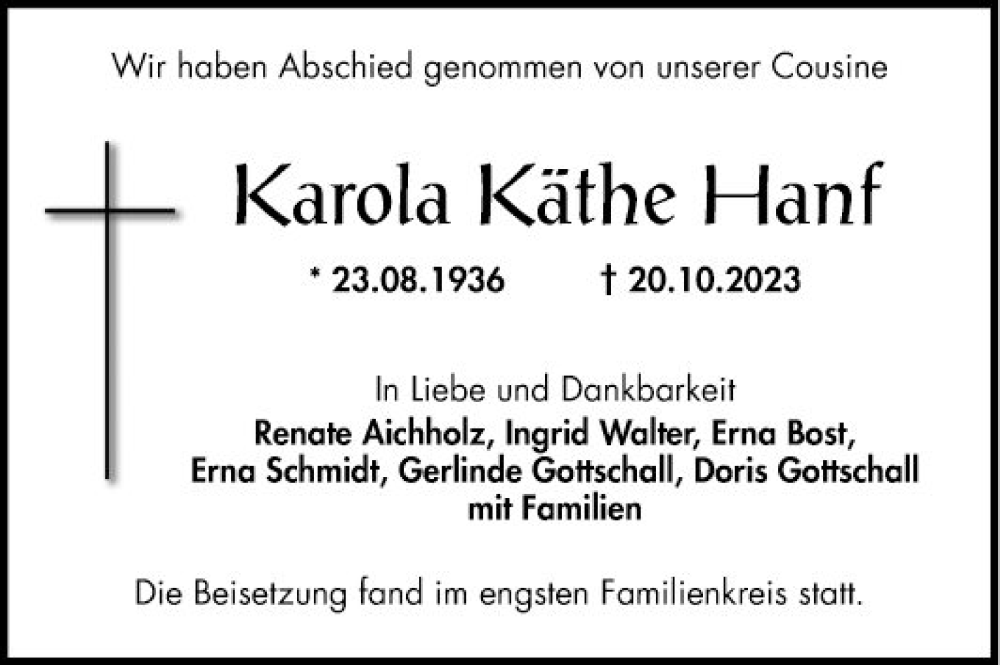  Traueranzeige für Karola Käthe Hanf vom 11.11.2023 aus Mannheimer Morgen