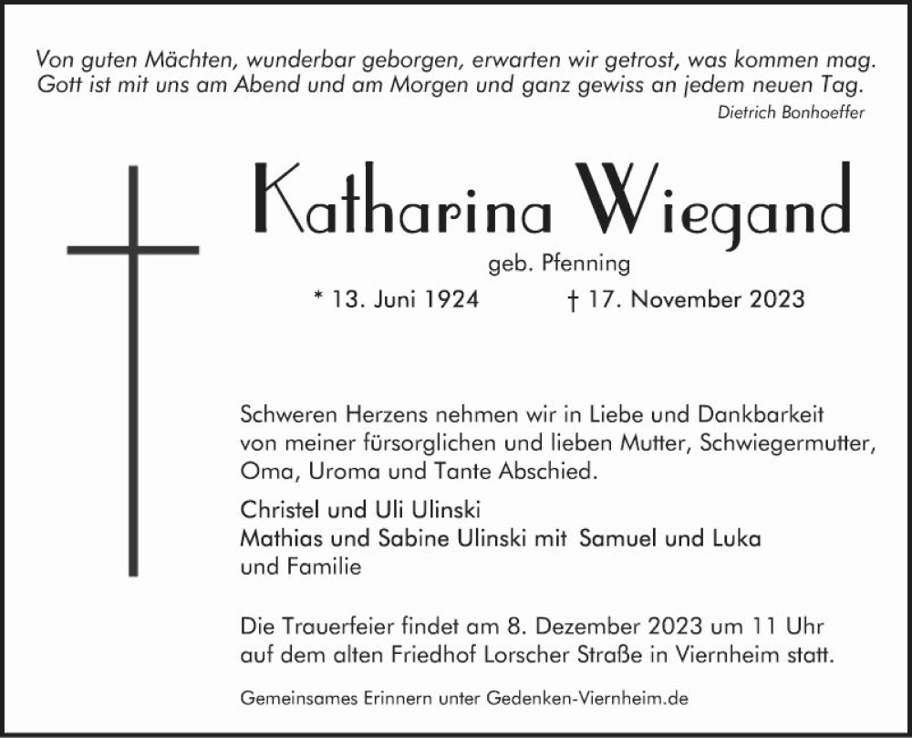  Traueranzeige für Katharina Wiegand vom 25.11.2023 aus Mannheimer Morgen