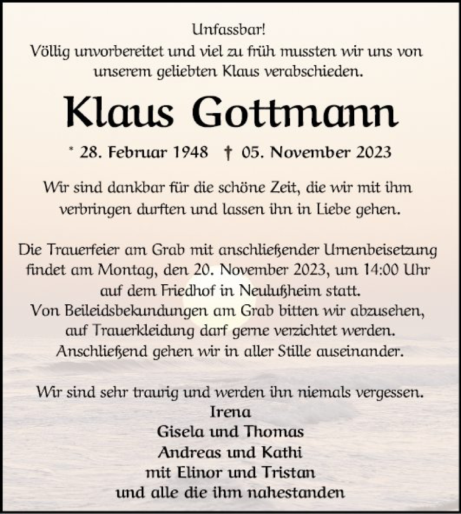  Traueranzeige für Klaus Gottmann vom 15.11.2023 aus Schwetzinger Zeitung