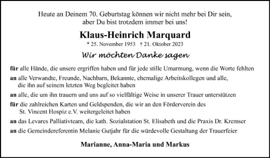 Traueranzeige von Klaus-Heinrich Marquard von Fränkische Nachrichten