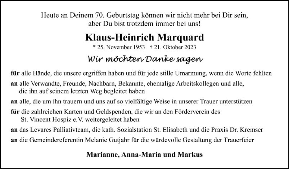  Traueranzeige für Klaus-Heinrich Marquard vom 25.11.2023 aus Fränkische Nachrichten