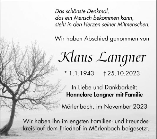 Traueranzeige von Klaus Langner von Bergsträßer Anzeiger