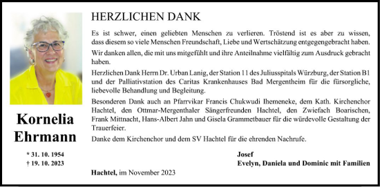 Traueranzeige von Kornelia Ehrmann von Fränkische Nachrichten