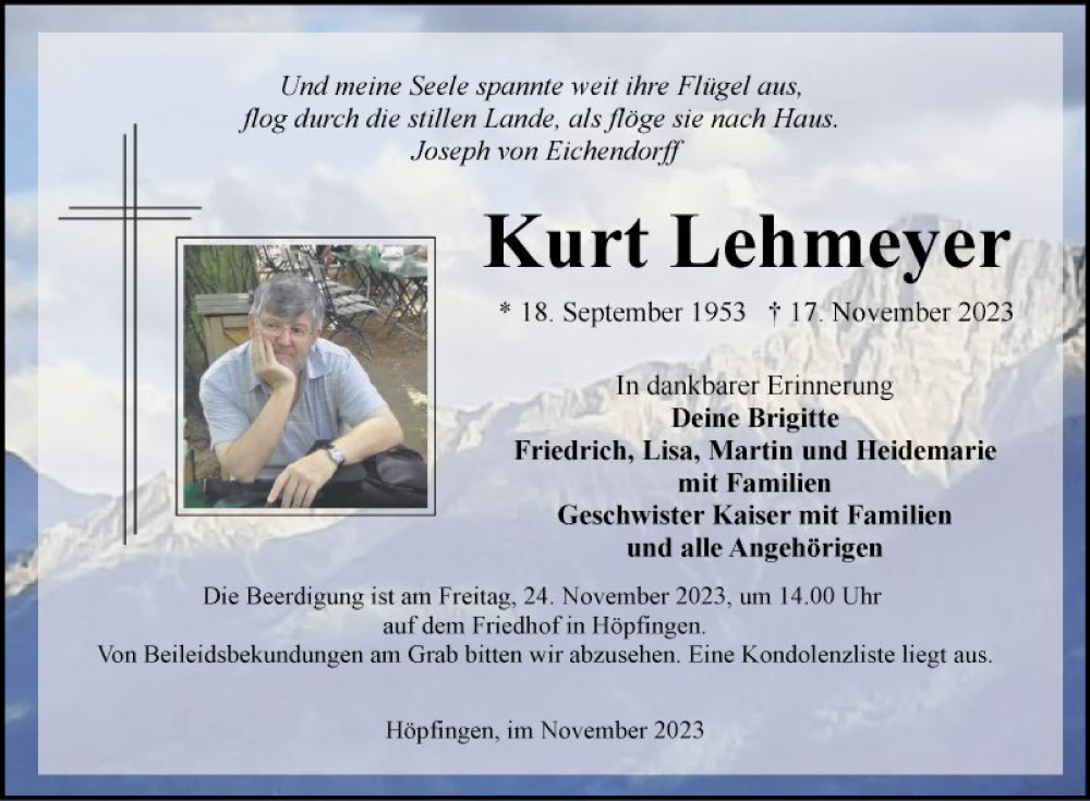 Traueranzeige für Kurt Lehmeyer vom 21.11.2023 aus Fränkische Nachrichten
