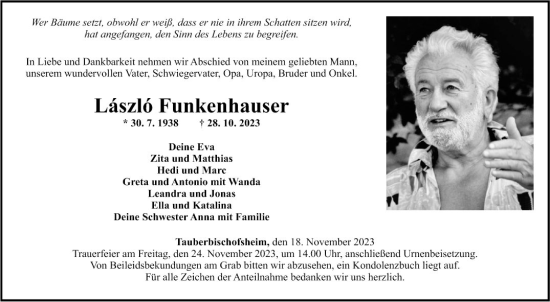 Traueranzeige von Laszlo Funkenhauser von Fränkische Nachrichten