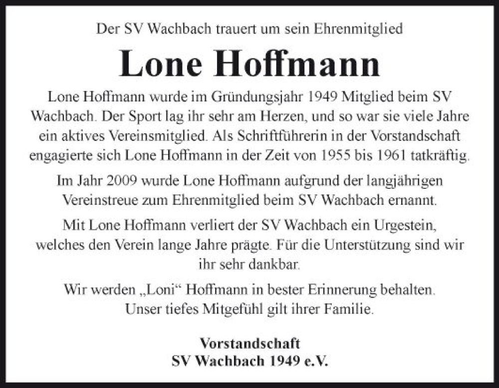 Traueranzeige für Lone Hoffmann vom 22.11.2023 aus Fränkische Nachrichten