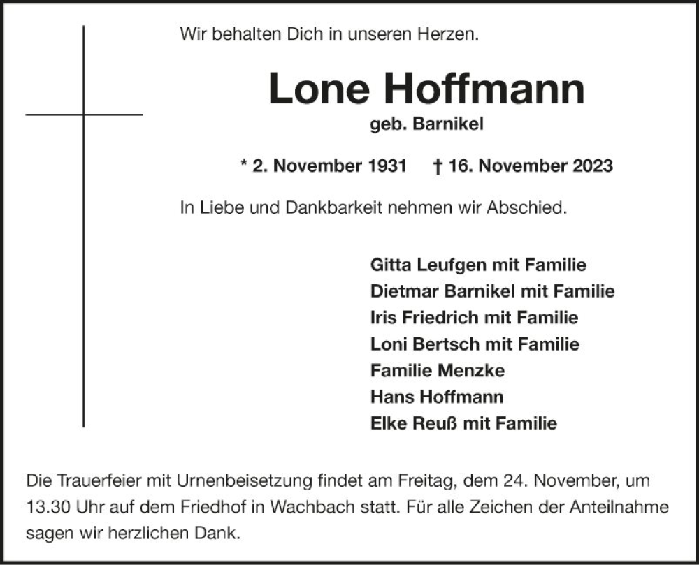  Traueranzeige für Lone Hoffmann vom 21.11.2023 aus Fränkische Nachrichten