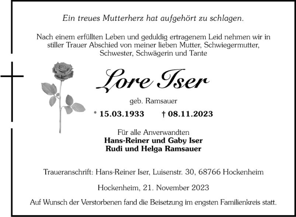  Traueranzeige für Lore Iser vom 25.11.2023 aus Schwetzinger Zeitung
