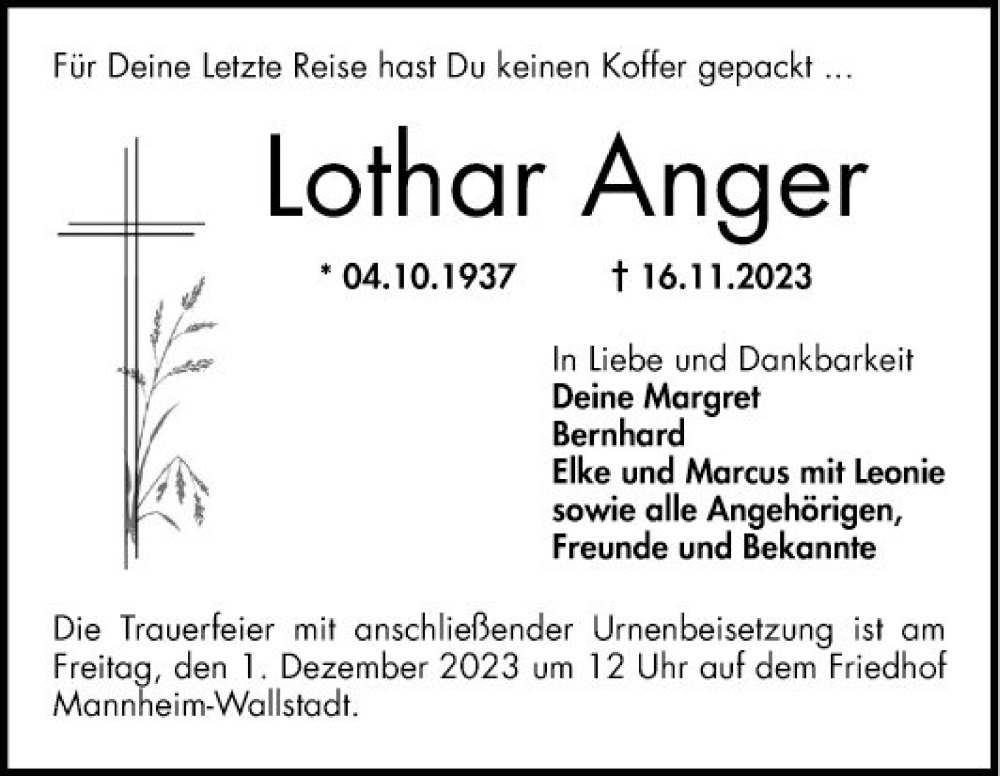  Traueranzeige für Lothar Anger vom 25.11.2023 aus Mannheimer Morgen