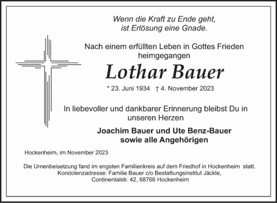 Traueranzeige von Lothar Bauer von Schwetzinger Zeitung