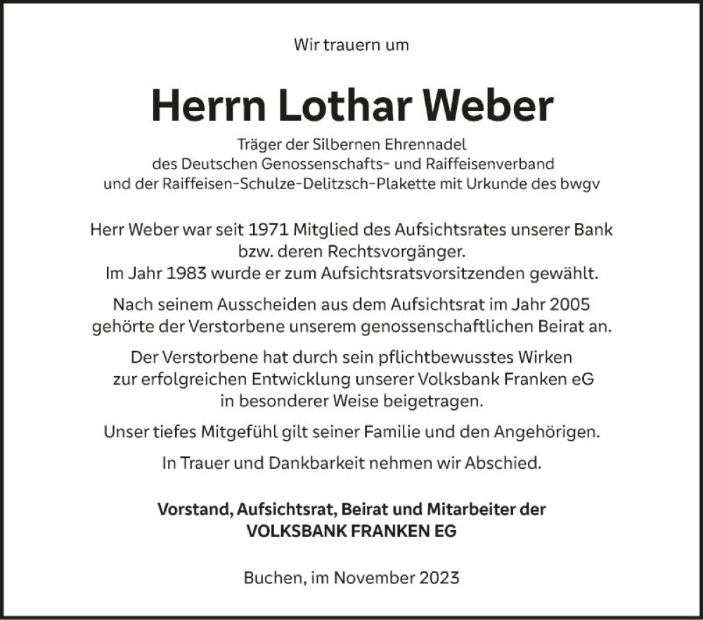  Traueranzeige für Lothar Weber vom 24.11.2023 aus Fränkische Nachrichten